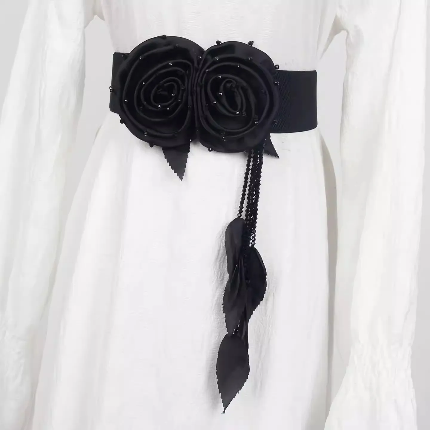 

Эластичный пояс с розами, женский модный черный пояс-корсет с кисточками, женский пояс-поясница, декоративный широкий пояс для платья J1763