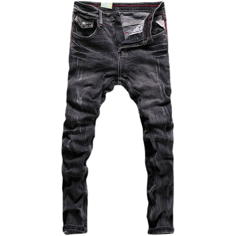 Streetwear Fashion Men Jeans Retro Black Gray Elastic Slim Ripped Jeans Men Trousers Vintage Casual Stretch Denim Pants Hombre