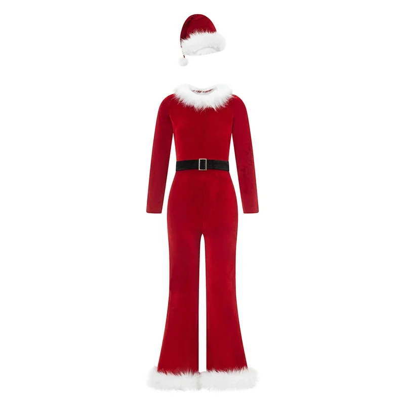 Disfraces de Navidad para mujer, lindo mono acampanado de manga larga de Color sólido y conjunto de sombrero de Papá Noel para Cosplay, trajes de fiesta de juegos de rol
