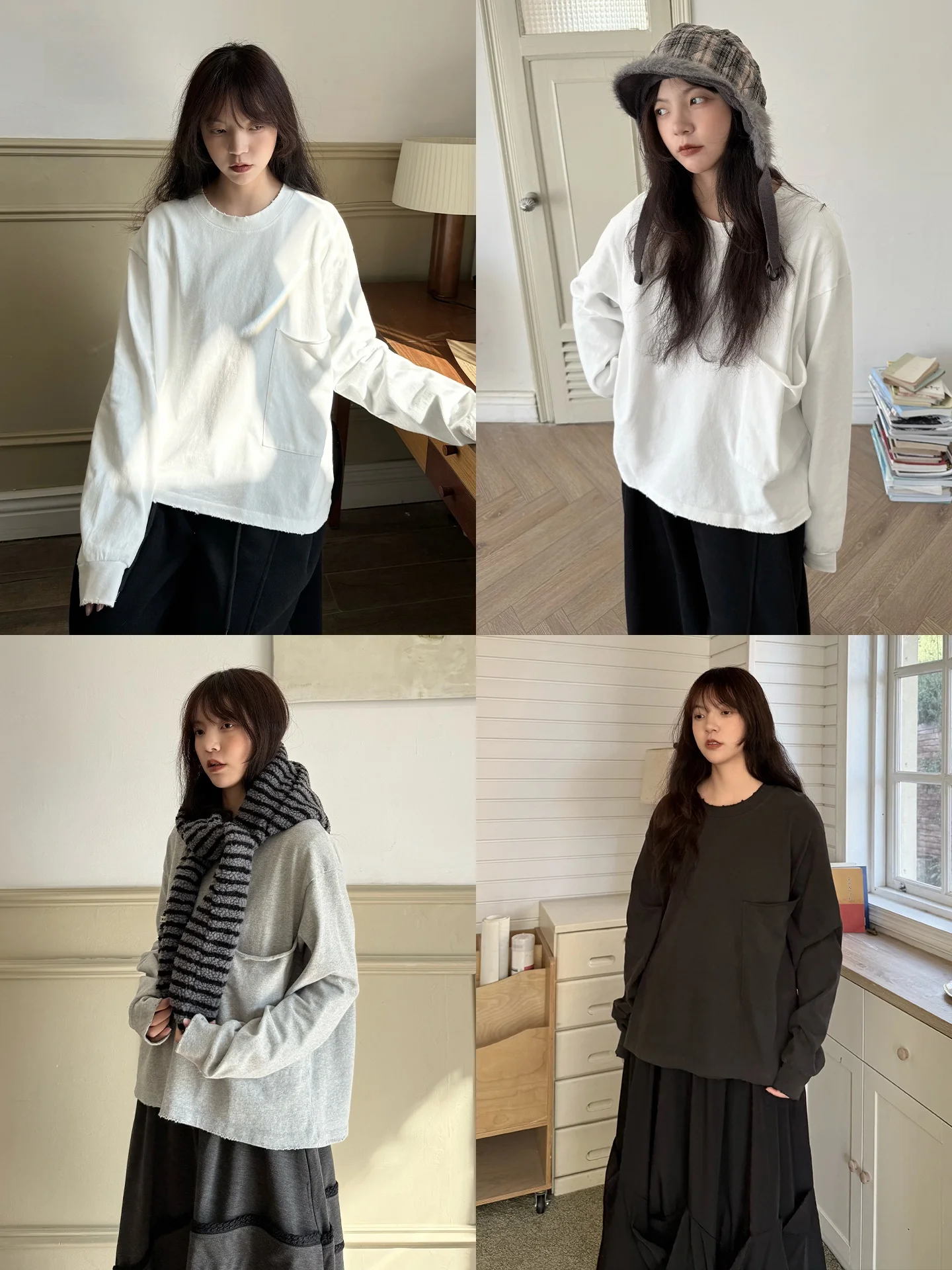 

White Lushan Island Lazy Short Sleeve T-Shirt Women's Inner Wear Cotton Long Sleeve round Neck Breakthrough Hole Design Base ...