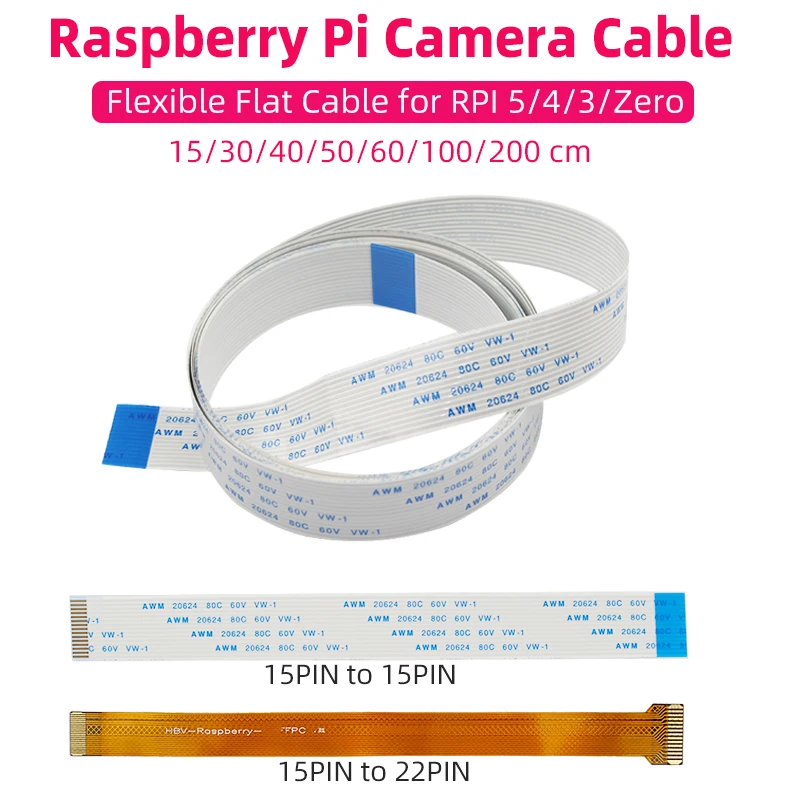 

Кабель для камеры Raspberry Pi CSI 15, 30, 50, 100, 200 см, гибкий плоский кабель, 15-контактный ленточный кабель для RPI 5 4B 3B+ 3B Zero