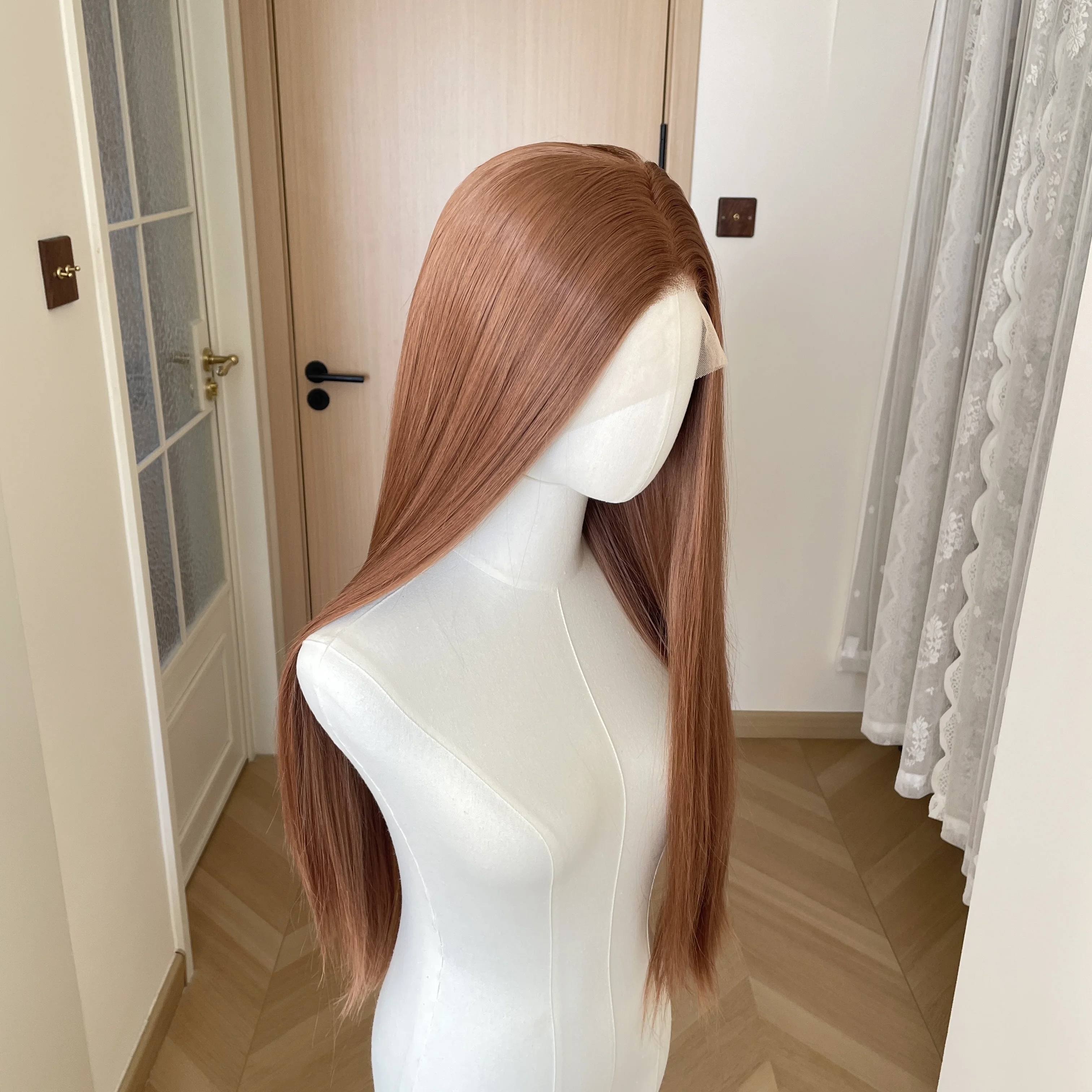 

Honey Brown Long Sliky Straight 13x4 Lace Front Wigs for Woman 26Inch Free Part Glueless Synthetic Wigs Half Hand Tied Natural
