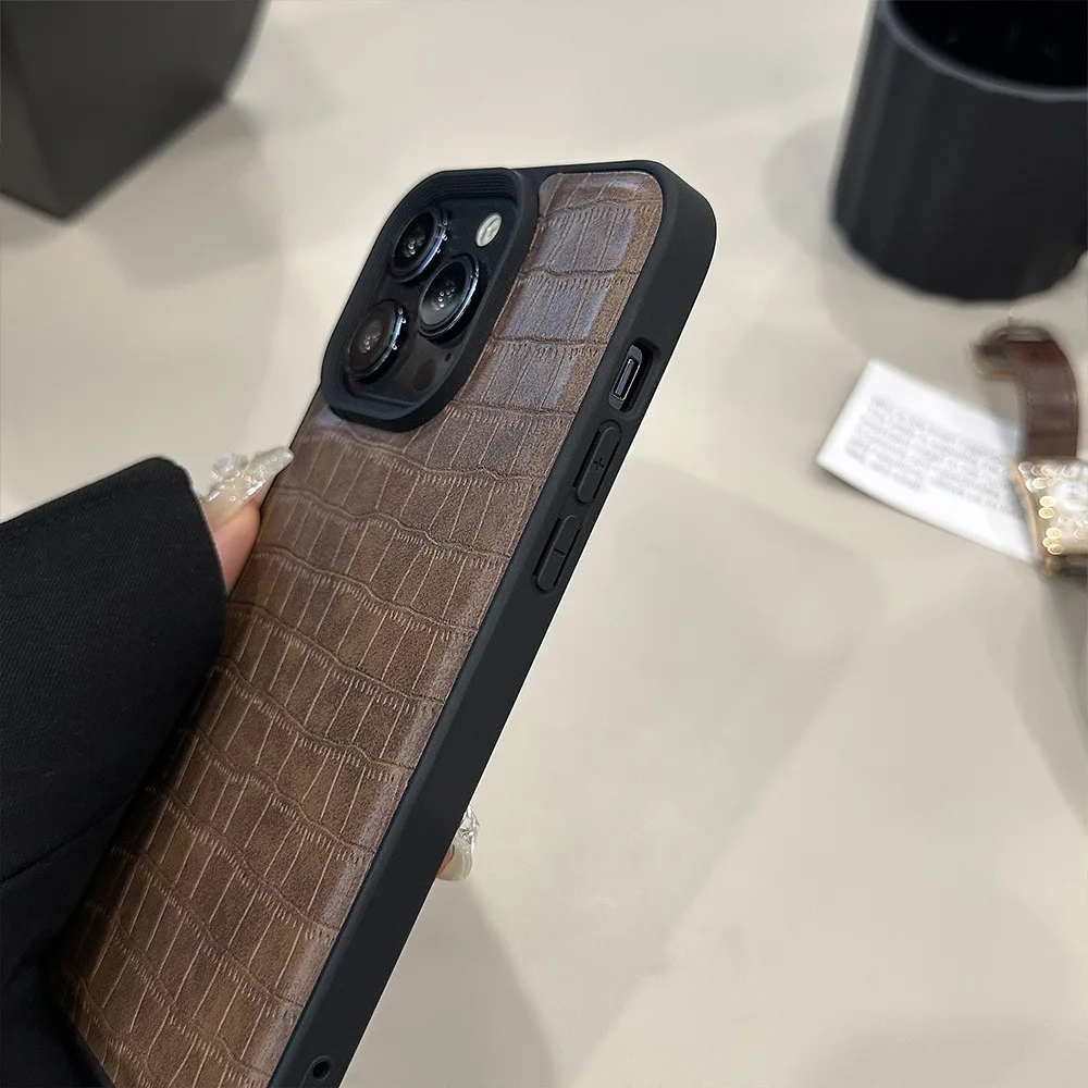 Crocodile Pattern Luxury Black Frame Phone Cases for iPhone 16 15 14 13 12 Pro Max Plus Leather Phone Case Cover