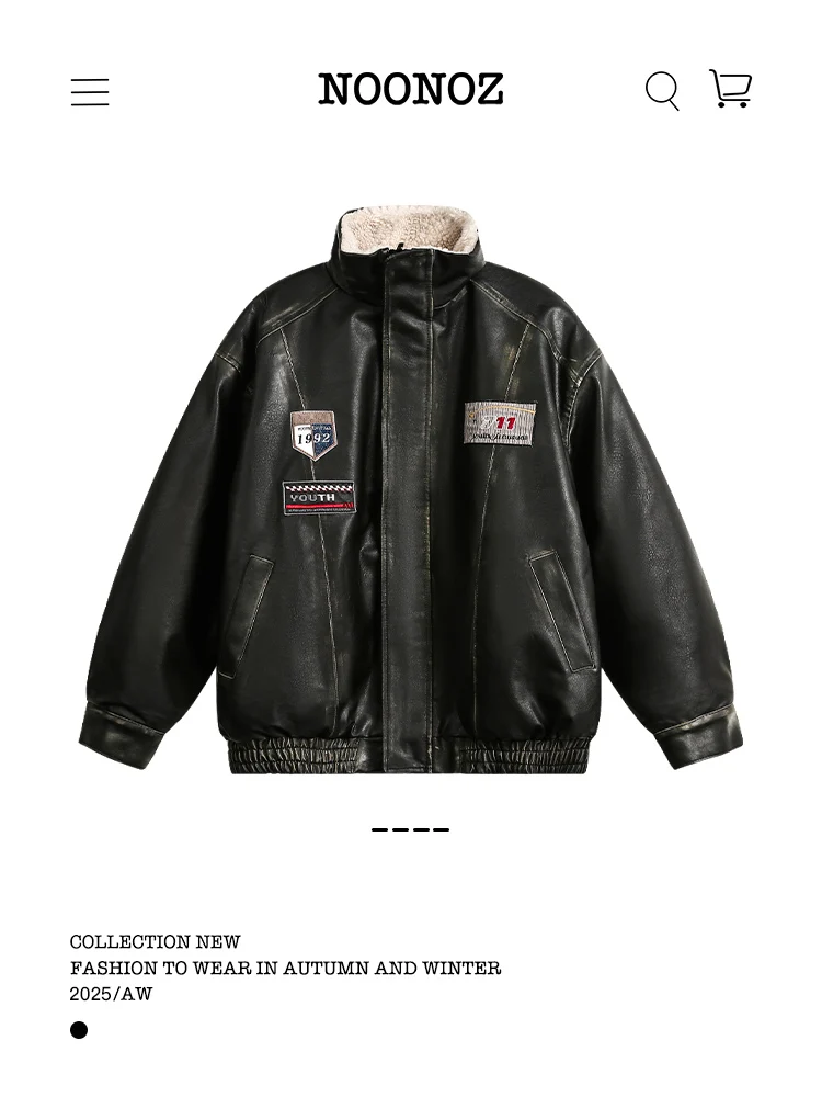 

Noonoz Men's Double-Sided Wear Fce Lined Biker Sle Pilot Jaet Casual American Neutral Windproof Cotton Coat for Winter