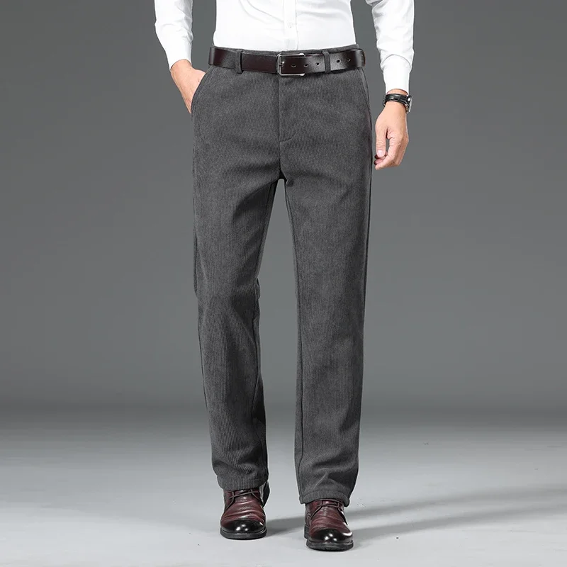 Corduroy Plush Velvet Casual Pants Men\'s Winter Thicken Warm Classic Straight Business  Fleece Thermal Trousers Brand Clothes