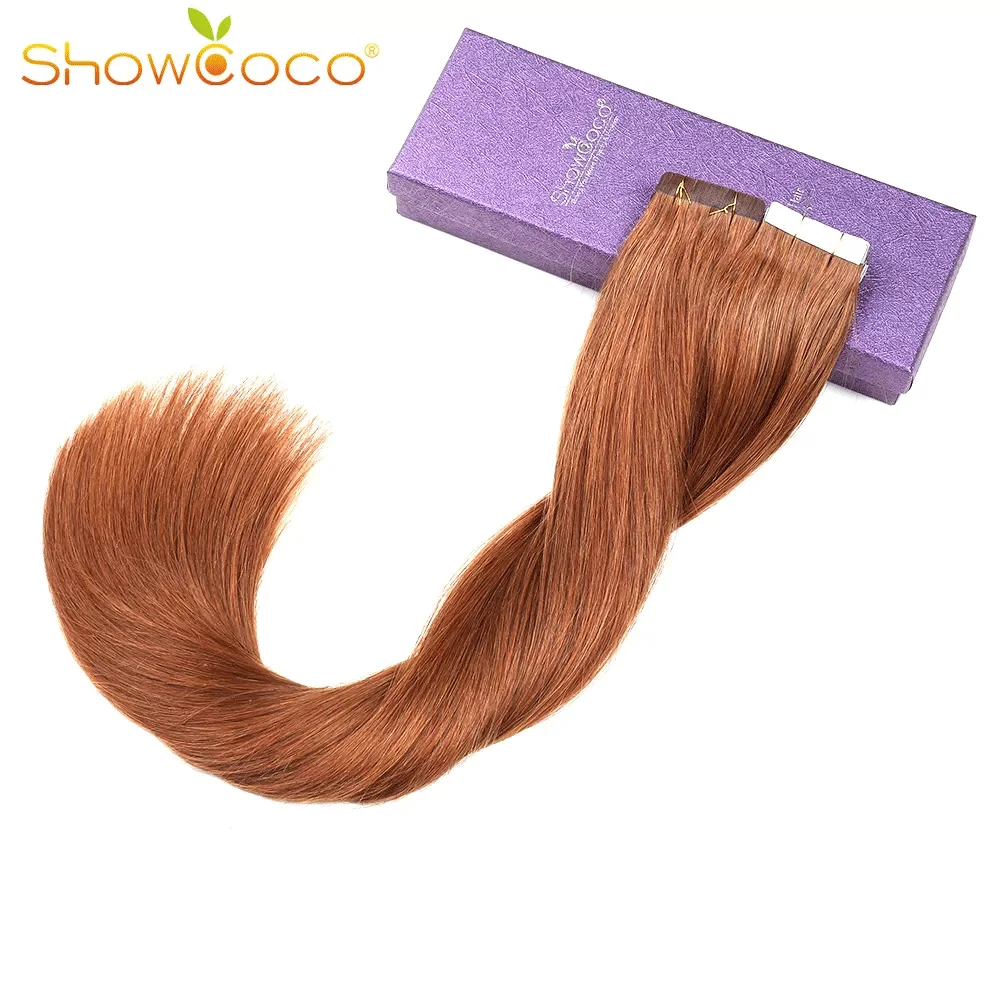 ShowCoco Tape in Human Hair Extensions 100% Remy Hair Invisible Double Sided Blue Tape Dark Colors for Thin Hair 20pcs/12