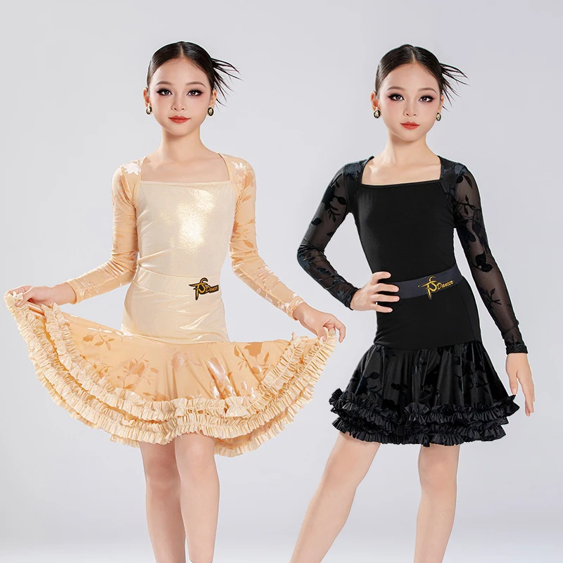 

New Latin Dance Performance Clothes Kids Girls Long Sleeves Dress Practice Suit Cha Cha Rumba Dance Competition Dresss BL17156