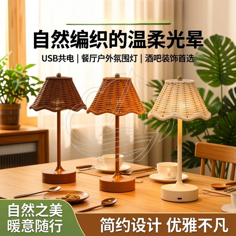 

Vintage Rattan Table Lamp USB Night Light Pastoral Ambient Light for Bar Restaurant Outdoor