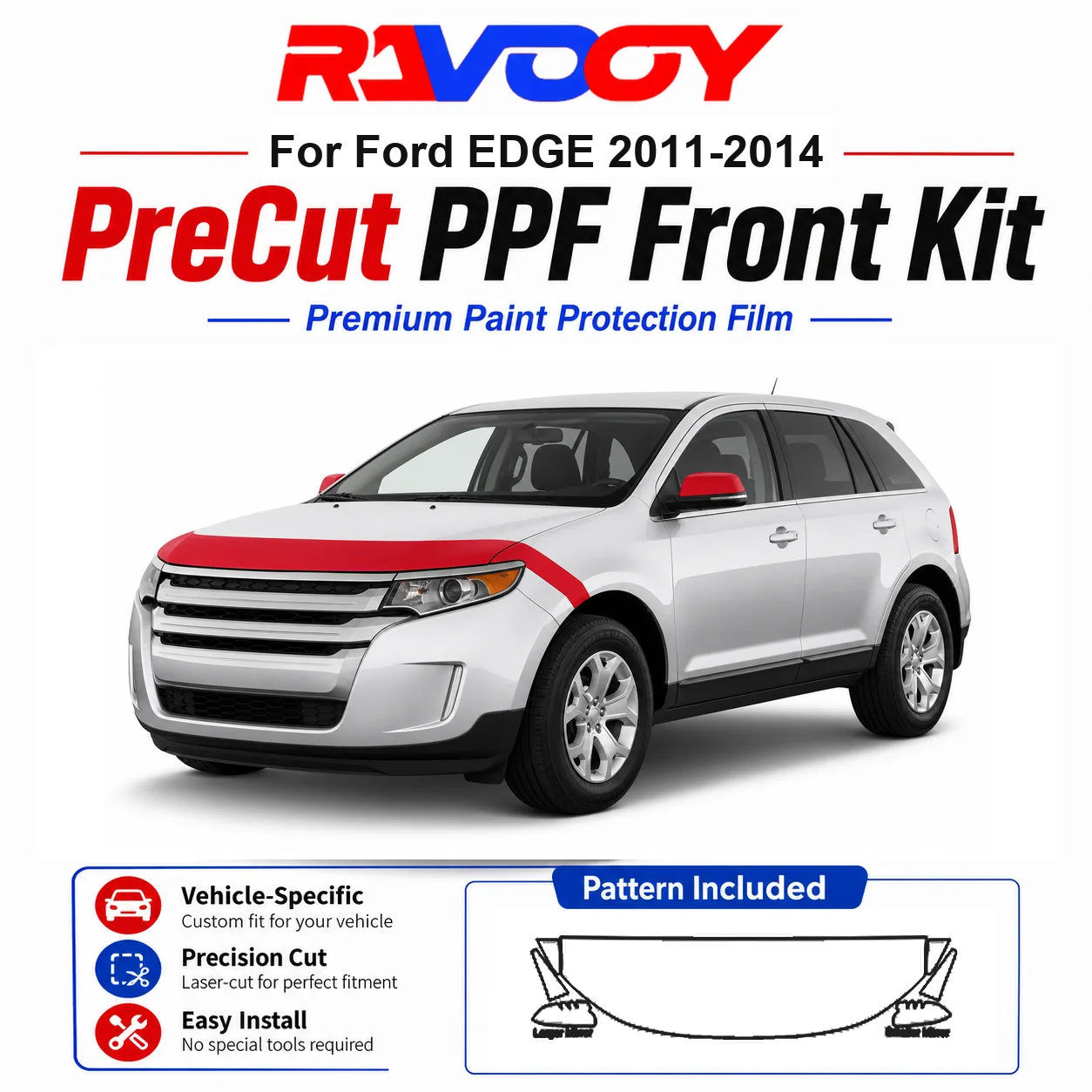 

8.5mil TPU Precut PPF Kit For Ford EDGE 2011-2014 - Hood, Partial Fenders & Full Mirror Set - Self-Healing Gloss Clear Bra Film