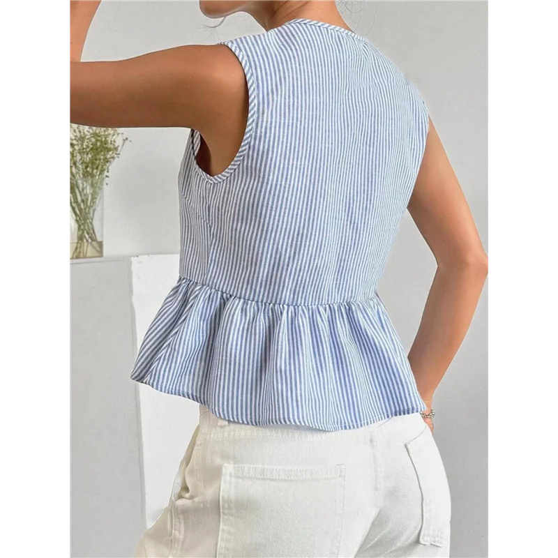 【Feestdecoratie】Dames Gestreepte Print Tie Front Knoop Ronde Hals Mouwloze Tank Blouses Ruche Peplum Tops