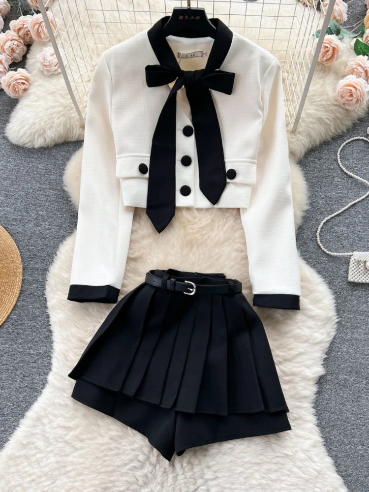 

Preppy Style Chic Elegant Women Outfits 2 Piece Set V-Neck Office Lady Luxury Crop Top +Wrap Hip High Waist Slim Pleated Skirts