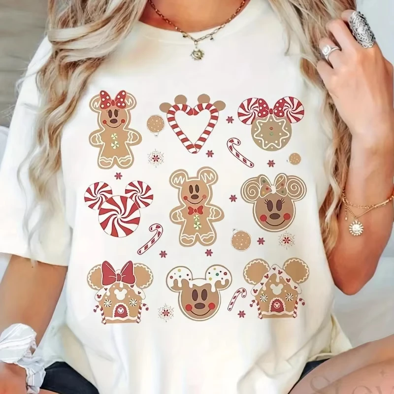 

Рождественская футболка Disney с Микки и Минни Маус и пряниками, мягкая футболка с круглым вырезом и короткими рукавами, которую можно стирать в машине