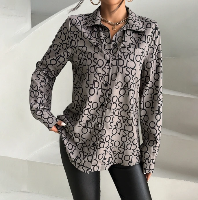 Women's Urban Sexy Blouses 2024 Summer Autumn Latest Temperament Commuting Printed Long Sleeve Shirt with Lapel Button Tight Top