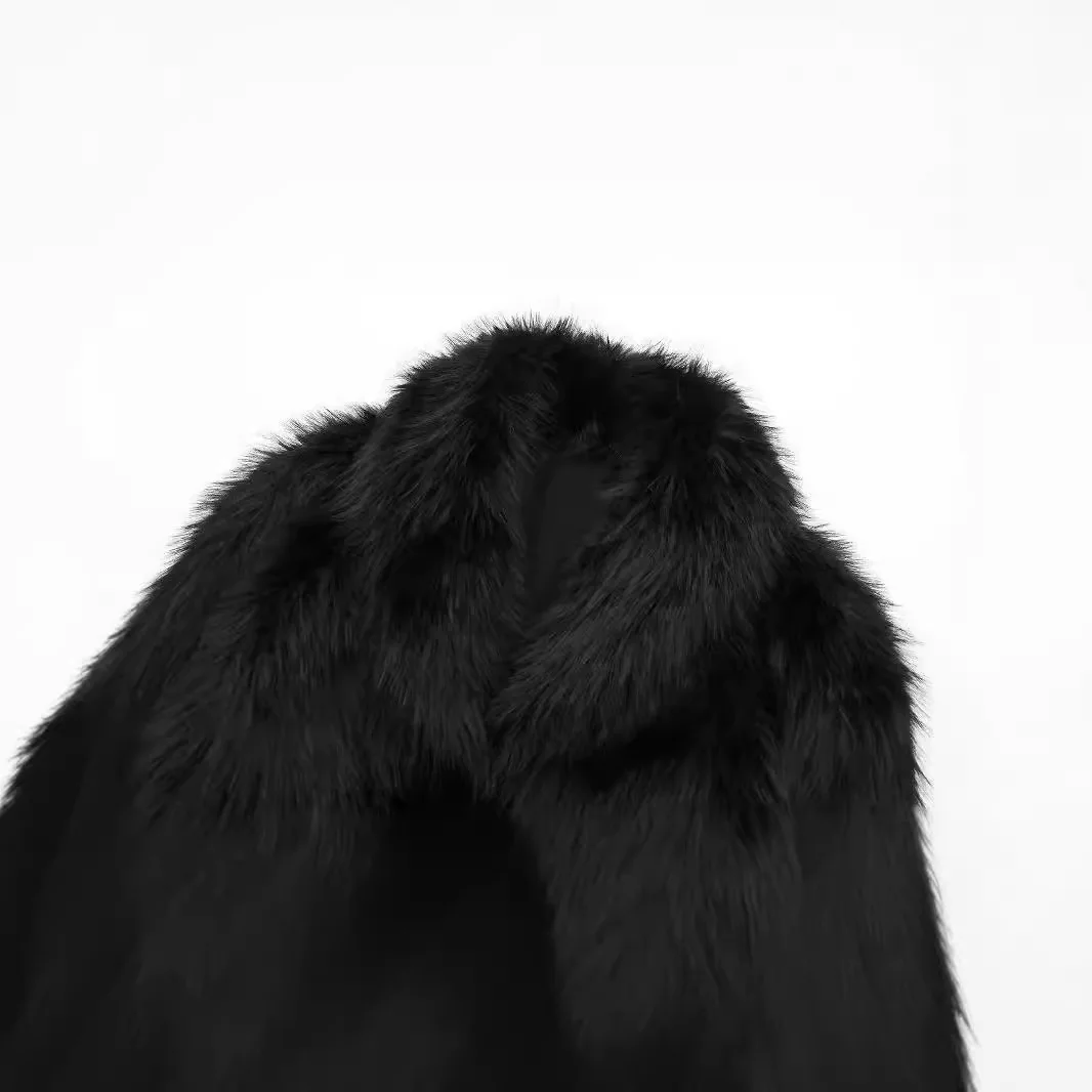 Gruby Zimowy Damski Płaszcz ze Sztucznego Futra z Kołnierzem Polo, Detalistycznie Wykończona Kurtka ze Sztucznego Futra dla Kobiet, Francuski Styl, Damski Płaszcz ze Sztucznego Futra