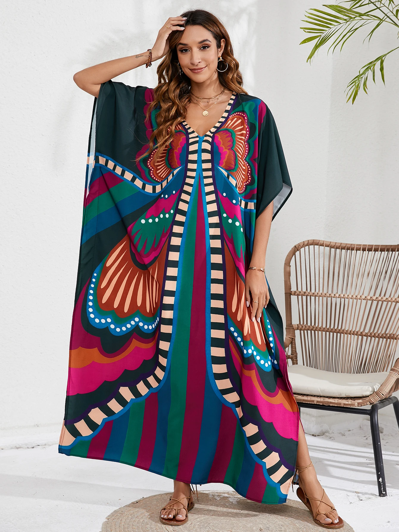 Women s Boho Cover Up  Plus Size Tie Dye Batwing Sleeve V Neck Maxi Kaftan Cover Up Dress