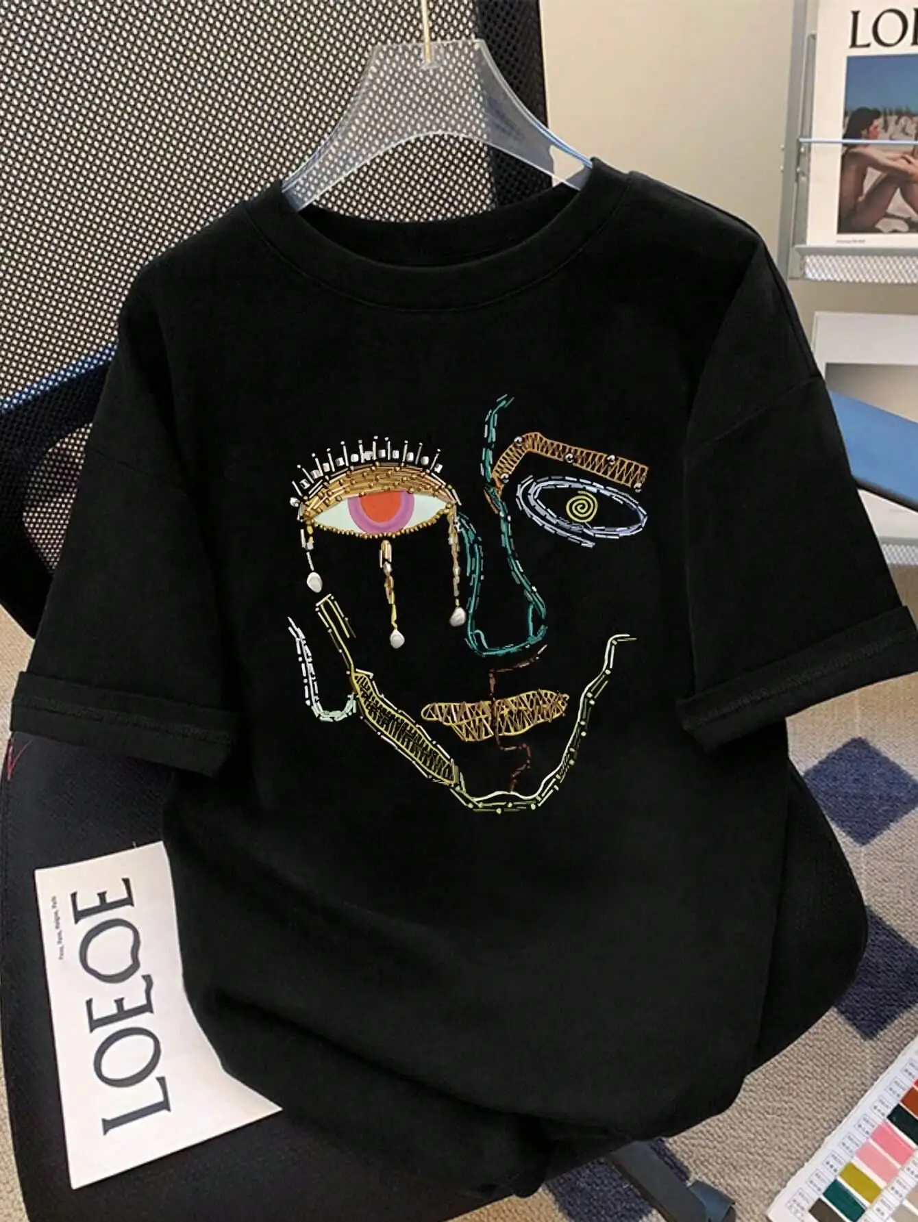 

100% Cotton T-Shirts For Women Color Graffiti Woman's Face Printing Clothes Street Fashion Tops Loose Casual Short Sleeve Tees