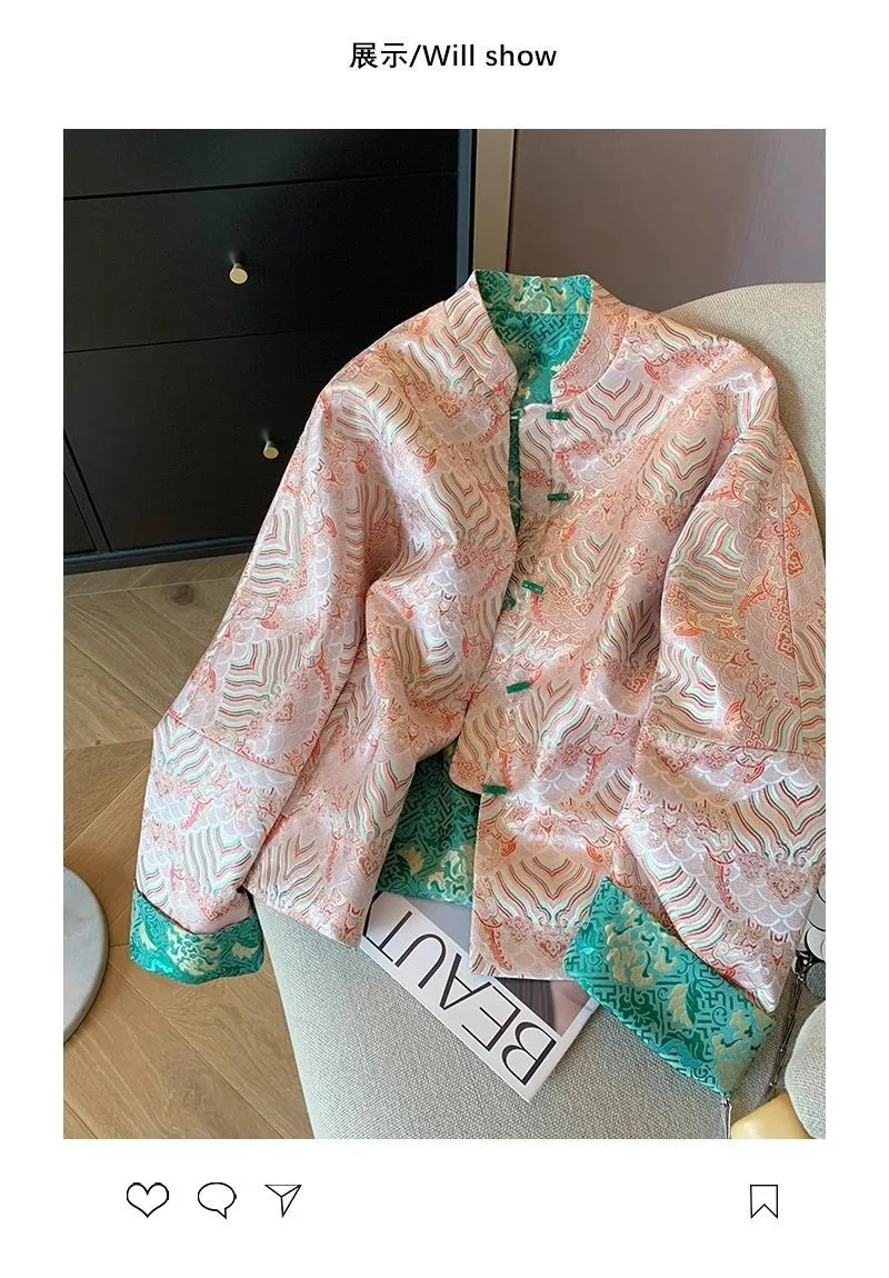 Chaqueta holgada de un solo pecho para mujer, chaqueta Jacquard bordada en contraste chino, cuello alto, Primavera