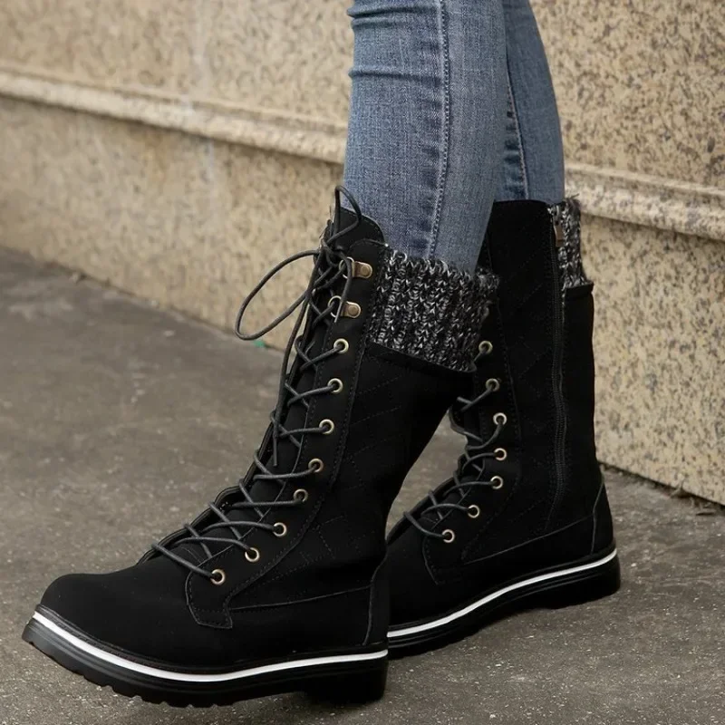 

Women's Boots 2024 Autumn Winter Europe America Fashion Snow Boots Solid color High Cylinder Lace Up Platform Shoes Botas Mujer