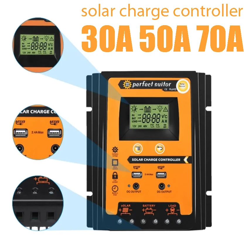 12V 24VDC Automatyczny regulator ładowania słonecznego Kontroler 30A z podwójnym wyjściem USB Wyświetlacz LCD Max 55V Wejście panelu ogniw