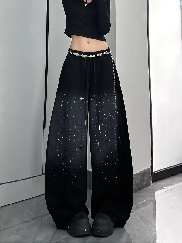 

Женские повседневные брюки больших размеров, осенне-зимние, свободные, прямого кроя, в пол, с декором из страз и узором в виде звезд