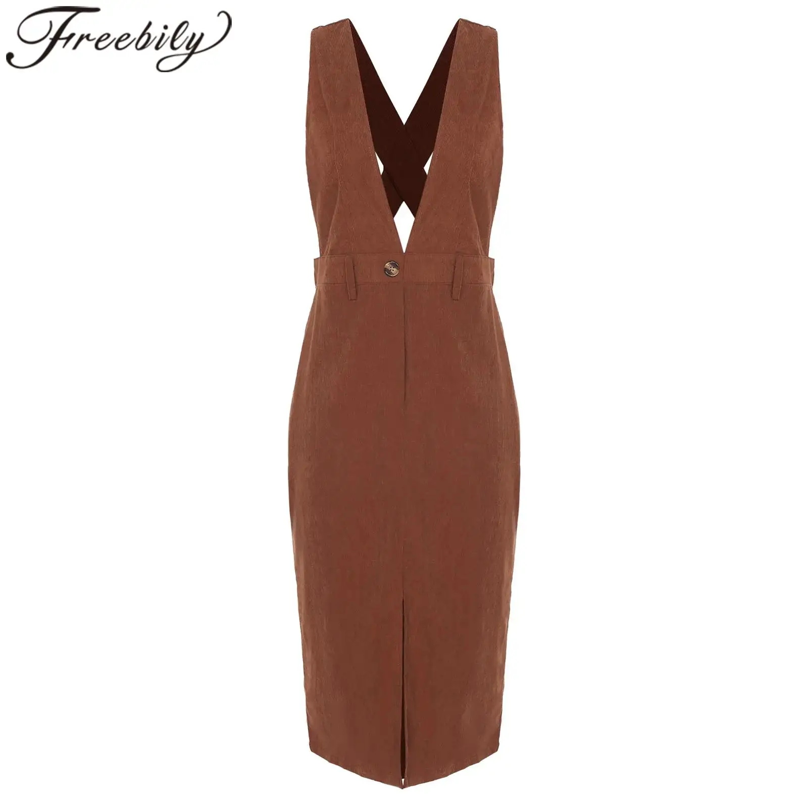 Womens Clothes V Neck Crossing Split Overall Dress Corduroy Suspender Dress Knee-length Bodycon Dress Fashion Female Clothing