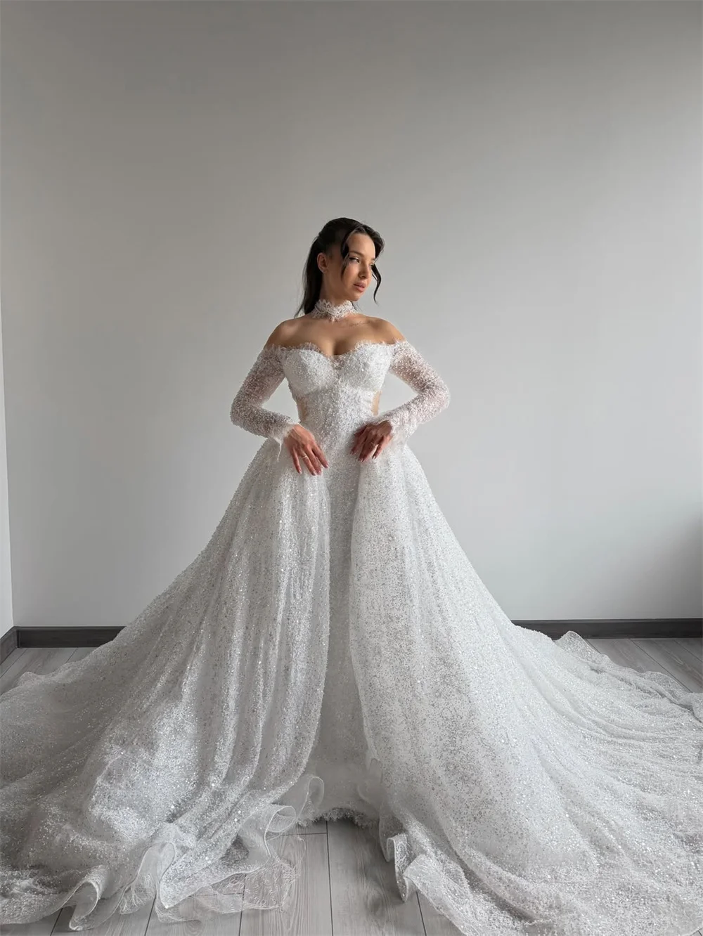 Tokyo Sequin Long Sleeve Sparkly Wedding Dress Removable Heavy Train Bridal Gown Glamorous Off Shoulder Evening Banquet Dress