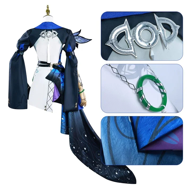 Honkai-Disfraz de Jade con riel de estrella para mujer y niña, conjunto completo de peluca, accesorios para vestido y sombrero, utilería de diez corazones de piedra, fiesta de Halloween