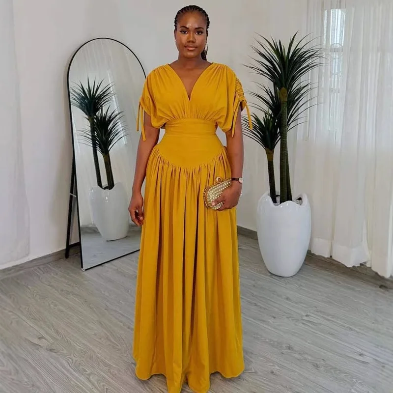 

Women Long Dresses V Neck Short Sleeve Folds Dress High Waist Splice Casual A Line Vestidos Solid Elegant Lady Summer 2025