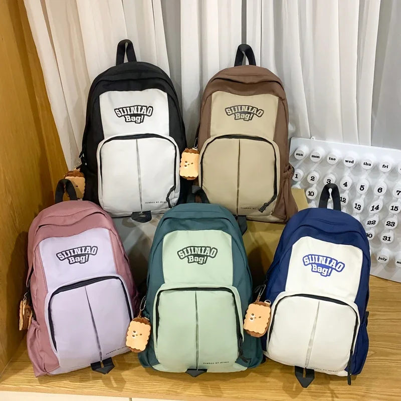 Zipper Nylon School Bags Basic Style Contrast Color 2025 Bags for Women Interior Zipper High Capacity Commuting Backpacks