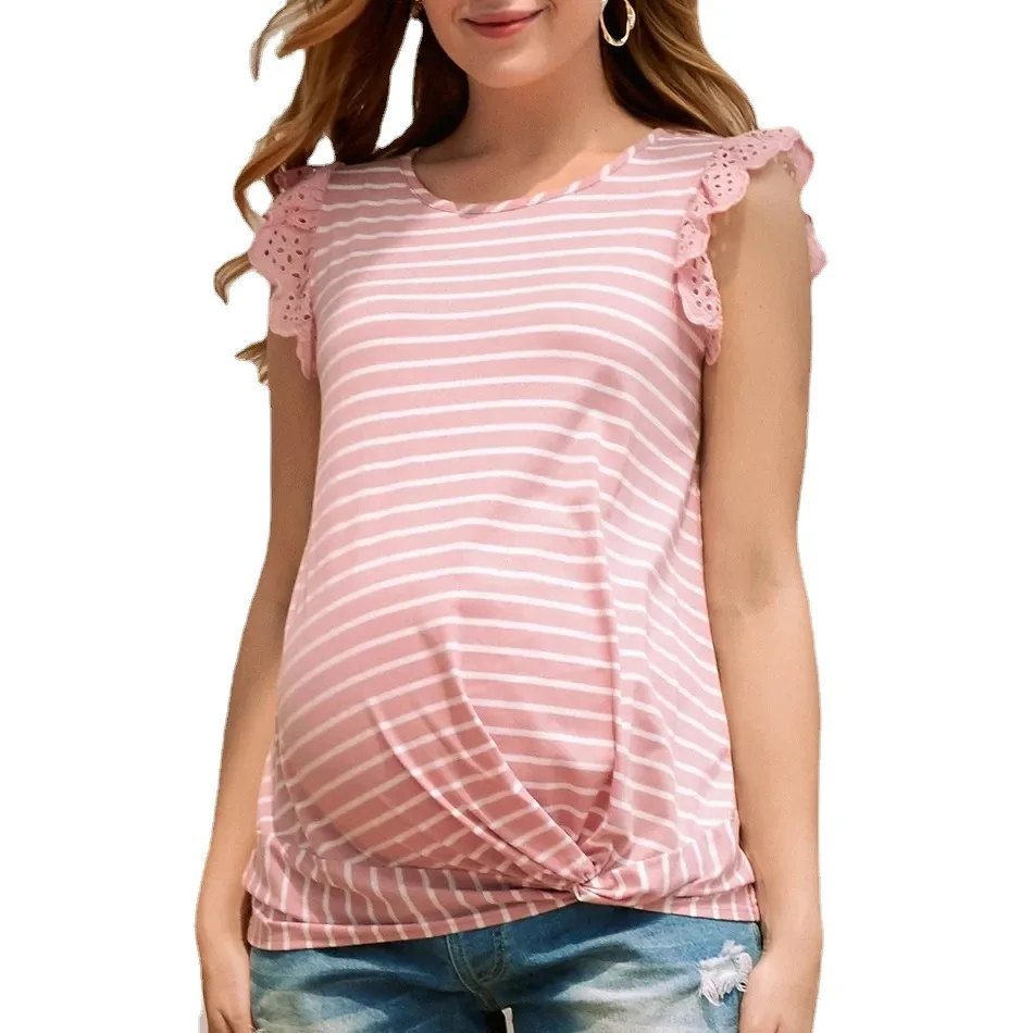 Pregnant women's short sleeved striped patchwork lace maternity top summer new European and American solid color pregnant women