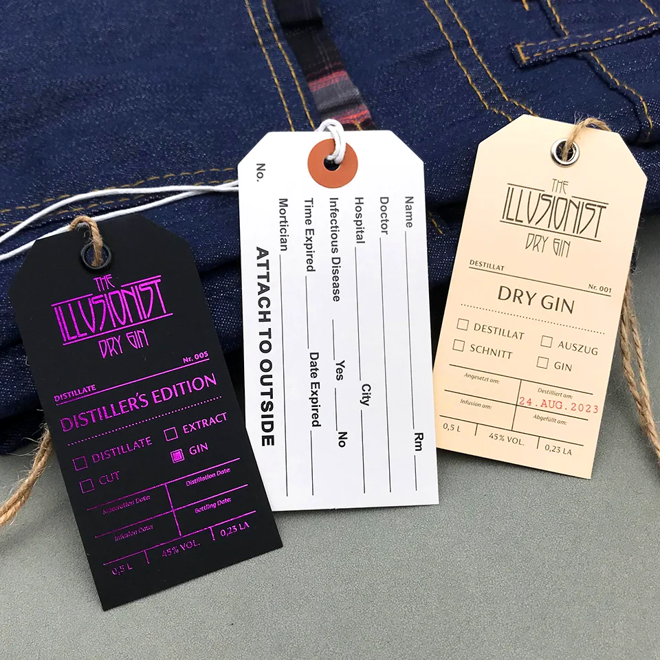 Custom Printing LOGO Swing Price Label Hanging Tags for Garment Hot Stamping Touch Paper Kraft Paper with Hemp Rope