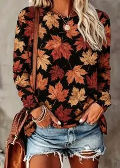 Women Long Sleeve T‑Shirt Autumn Maple Leaf Print Crew Neck Loose Fit Casual Fall Daily Blouse Tops