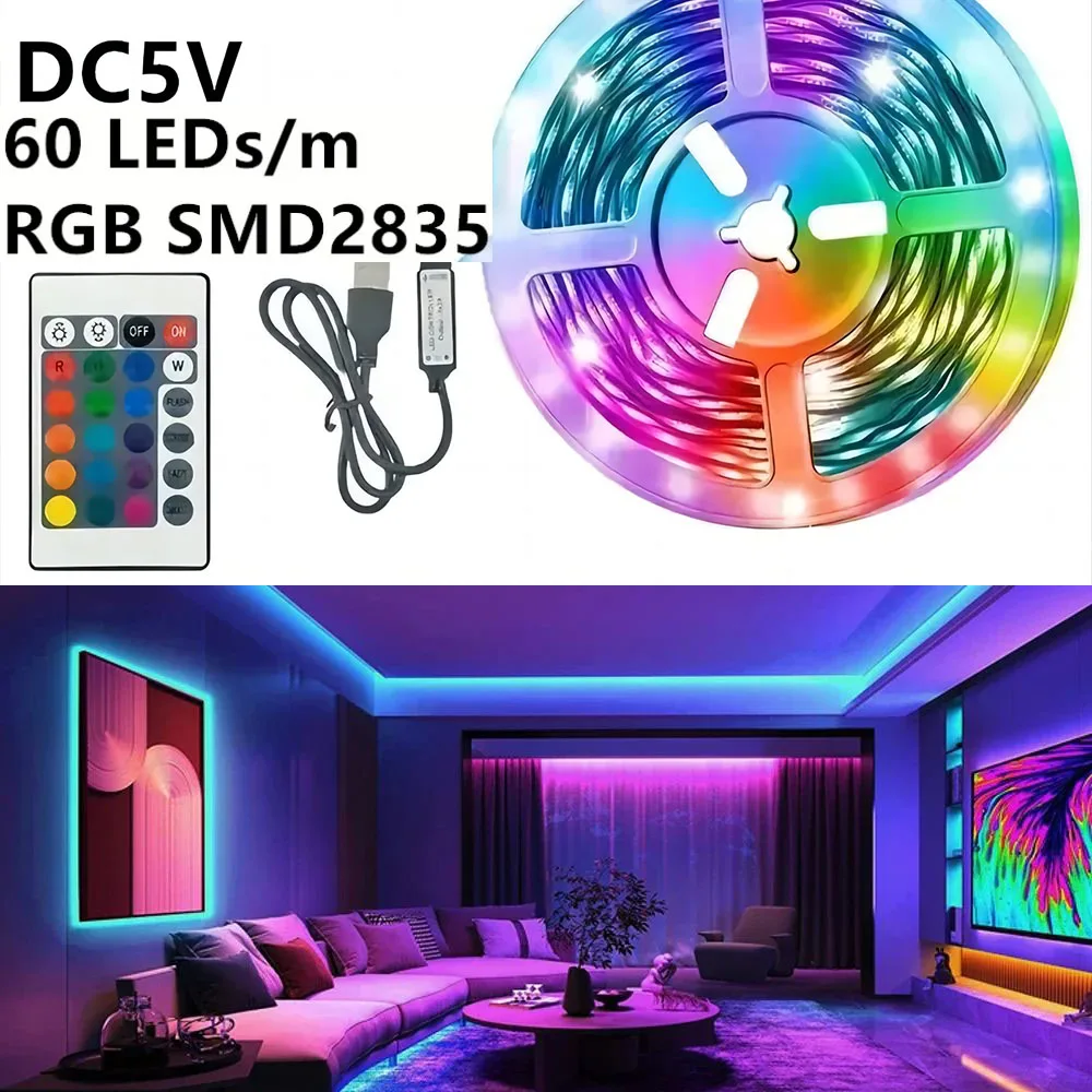 Taśma LED USB 24 klawisze pilot 60 diod LED/m RGB 2835 elastyczna wstążka dioda pokój wesele podświetlenie dekoracji