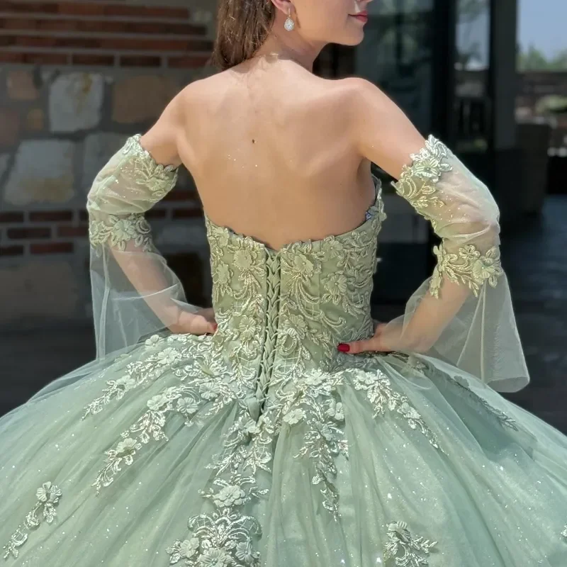 Spring Summer Sage Green Quinceanera Dresses Shinning Sequins Beads Tull Princess vestido de princesas Ball Gown