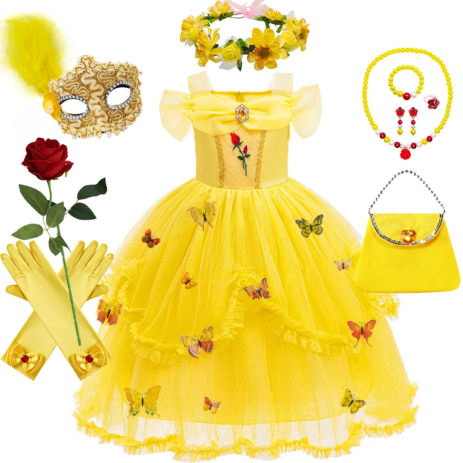 

Belle Cosplay Costume Girls Halloween Rose Sequin Lace Off Shoulder Luxury Yellow Dress Kids Purim Party Fantasy Outfits