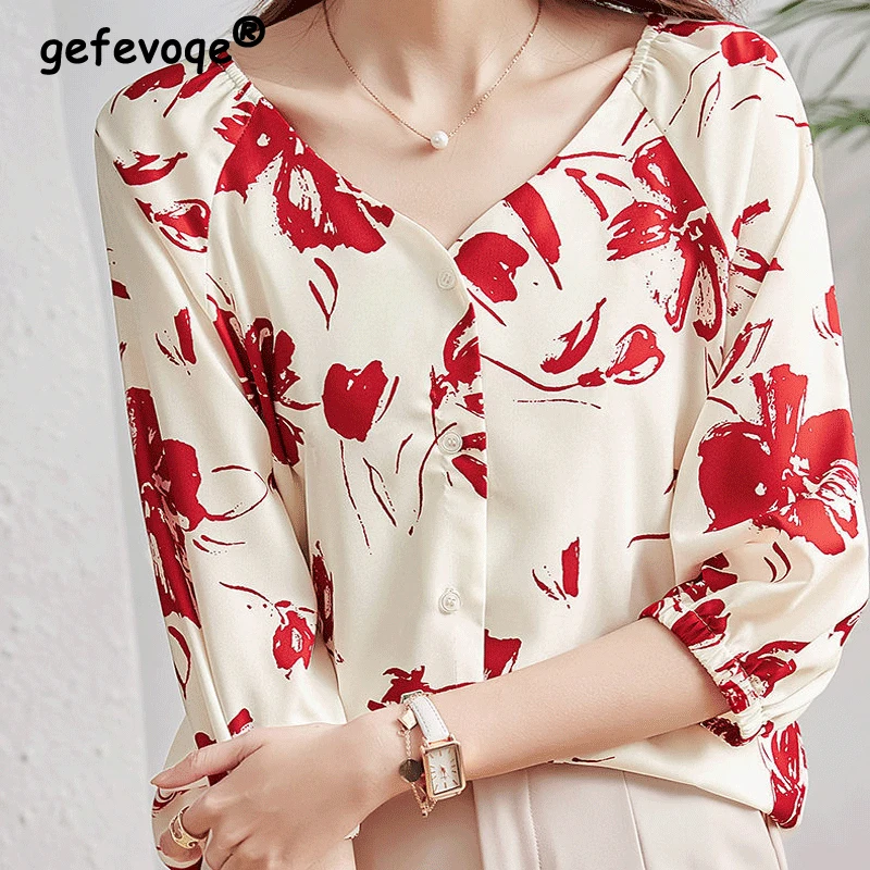 Women\'s Clothing Floral Print Elegant Business Casual Office Lady Button Up Shirt Summer V Neck 3/4 Sleeve Loose Blouse Chic Top