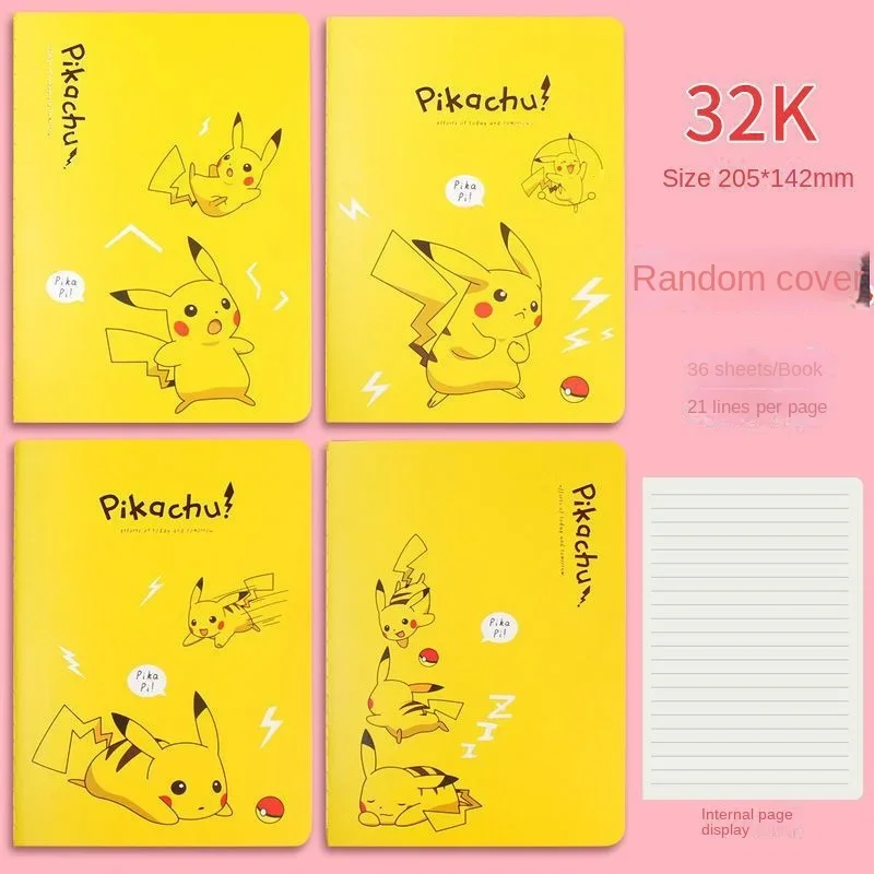 Pokemon Notebook Student Homework Book Picchu Animation Pattern Record Book 32K Student Notebook Car Thread Book Children's Gift