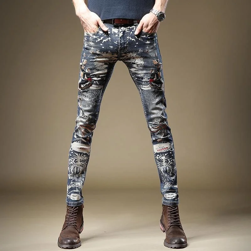 

men high quality Jeans Slim Stretch Hip Hop Trend Culture European Station High-end Embroidered Rock Style Pants trouser