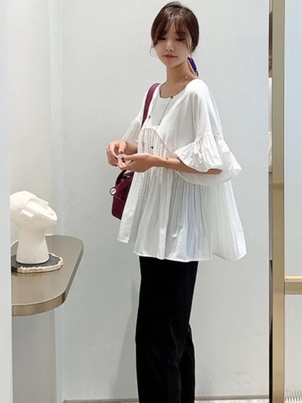 High Waist Pleated Hem Batwing Sleeve Tunic Top Korean Style Doll Shirt Loose Fit Floral Trim Personalized Casual Wear