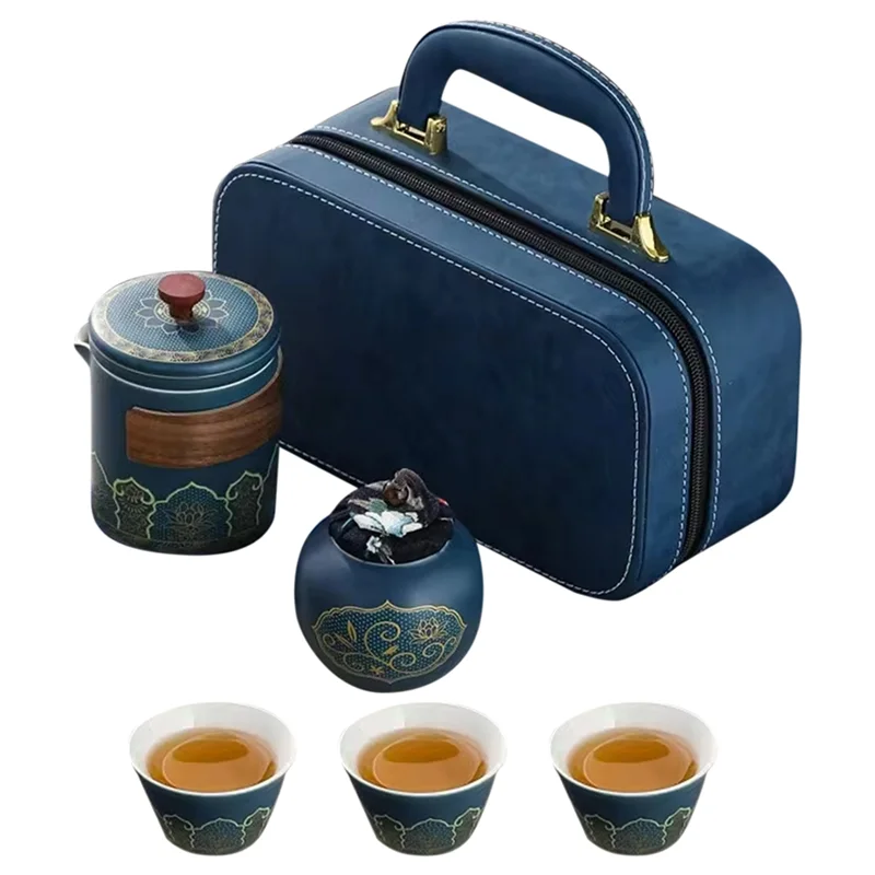 

A27F- Travel Tea Set 1Set-Portable Tea Set Teapot, Tea Canister, Tea Cup, Leather Bag For Outdoor Quick Cup