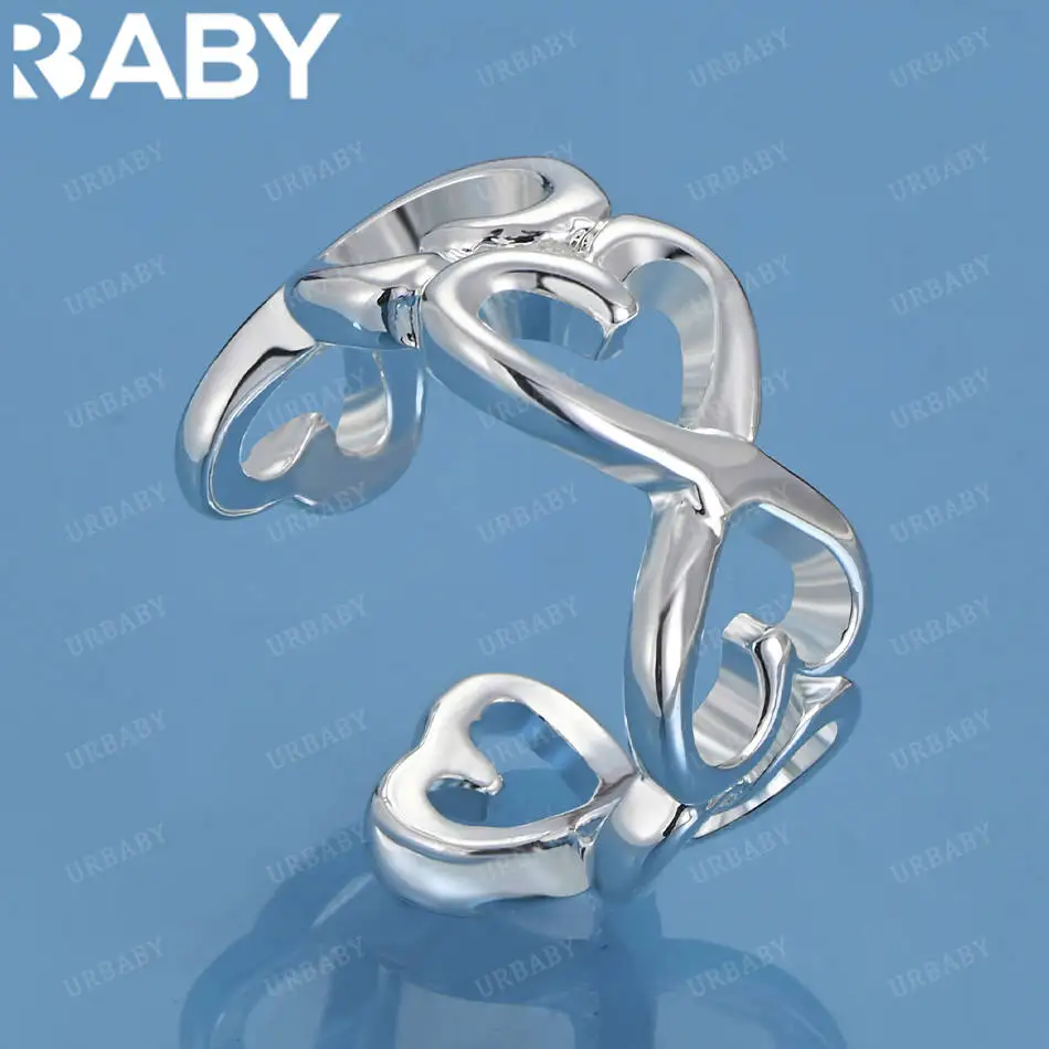 

URBABY 925 Sterling Silver Hearts Open Ring For Women Fashion Jewelry Vintage Grace Charm Noble Party Birthday Gifts