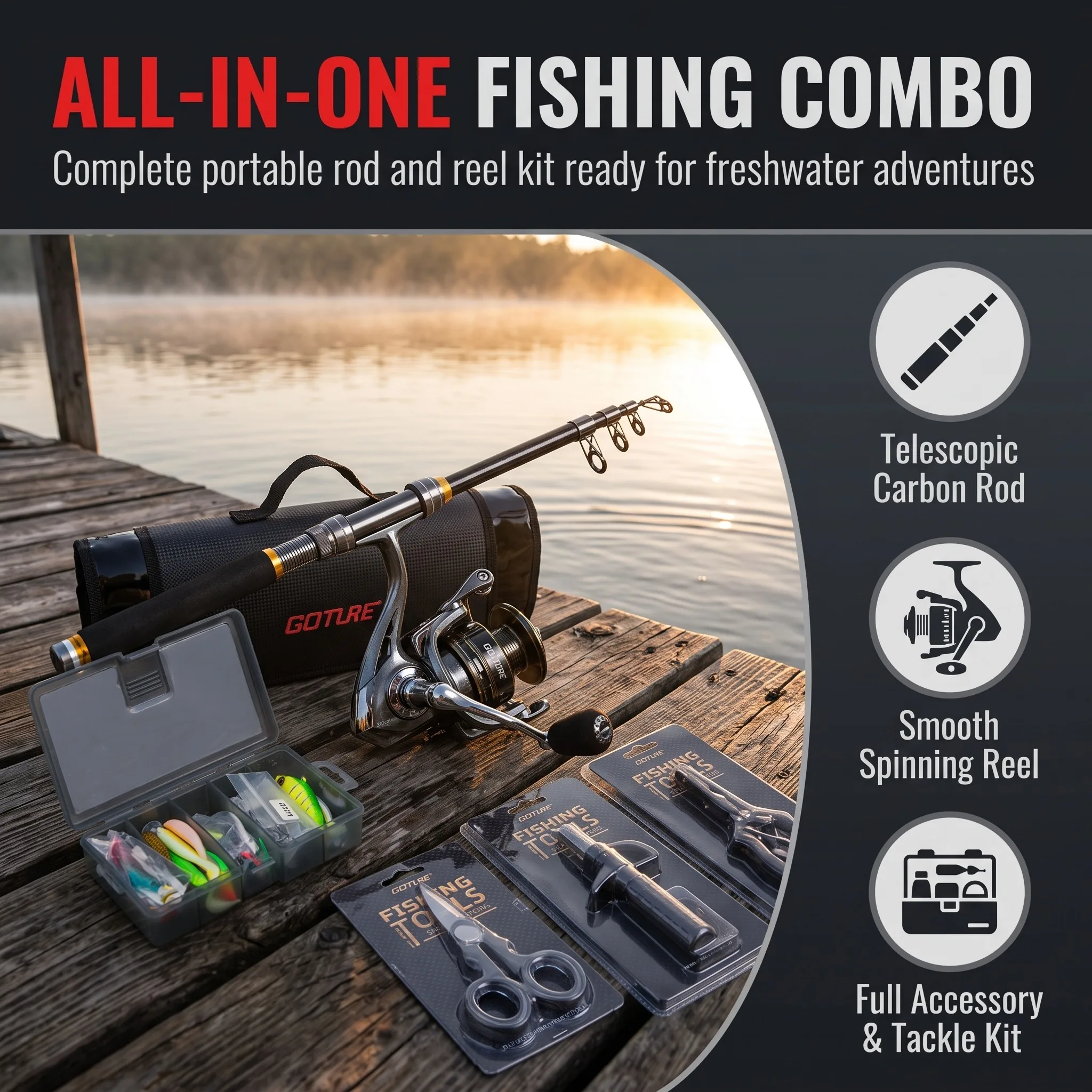 Goture 2Pcs Telescopic Carbon Fishing Rod Spinning Reel Combo Full Kit, Fishing Line Lures Hooks Tools Tackle Bag for Angling