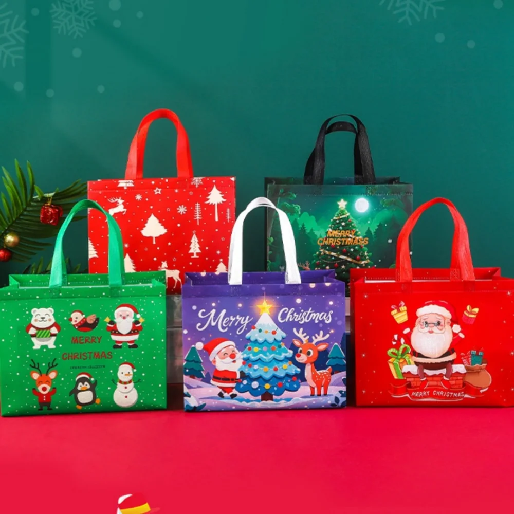 Santa Claus Printed Christmas Gift Bag Non-Woven Tote Bag Foldable Shopping Bag High Capacity Gift Bags for New Year Christmas