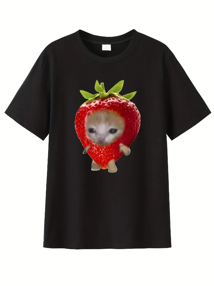 

Camiseta con estampado de gato fresa para mujer estilo informal a la moda cuello redondo, estampado de animales de dibujos