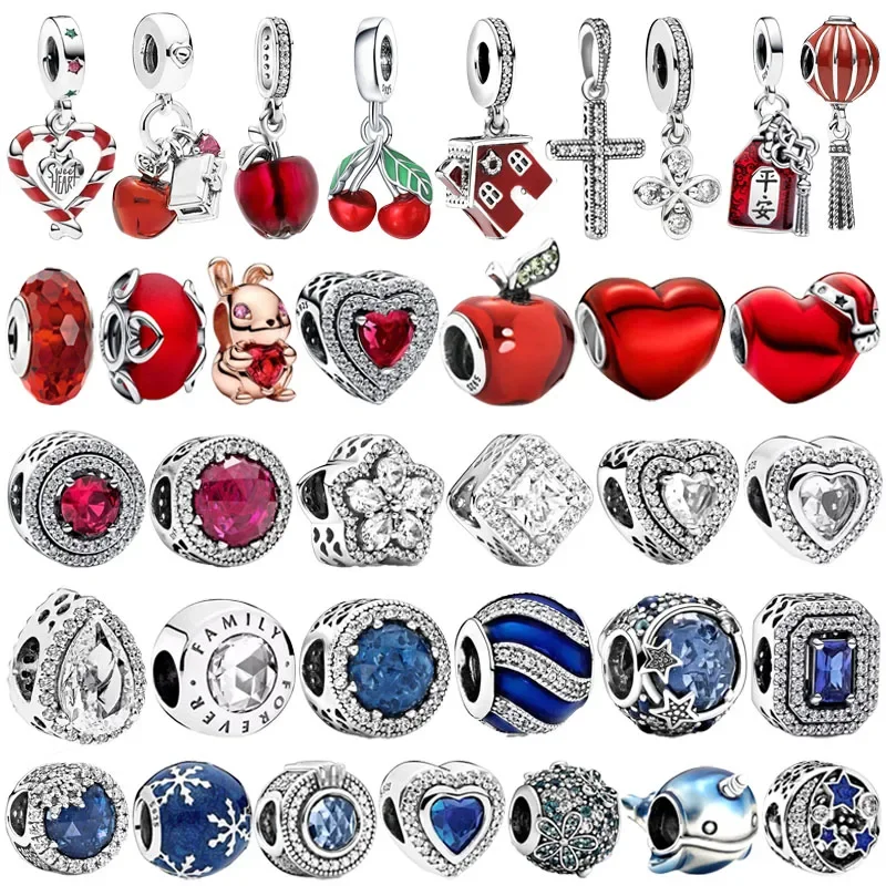 Abalorios de plata de ley 925 originales para pulsera Pandora, corazón rojo, manzana, estrella azul, Animal, conejo, regalo de joyería para mujer