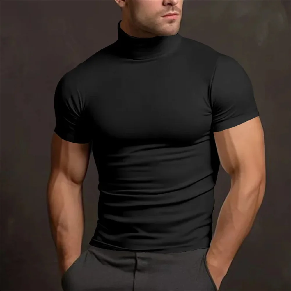 Cross-border Amazon 2024 summer solid color short-sleeved fashion bottoming shirt men's tight turtleneck T-shirt image 2