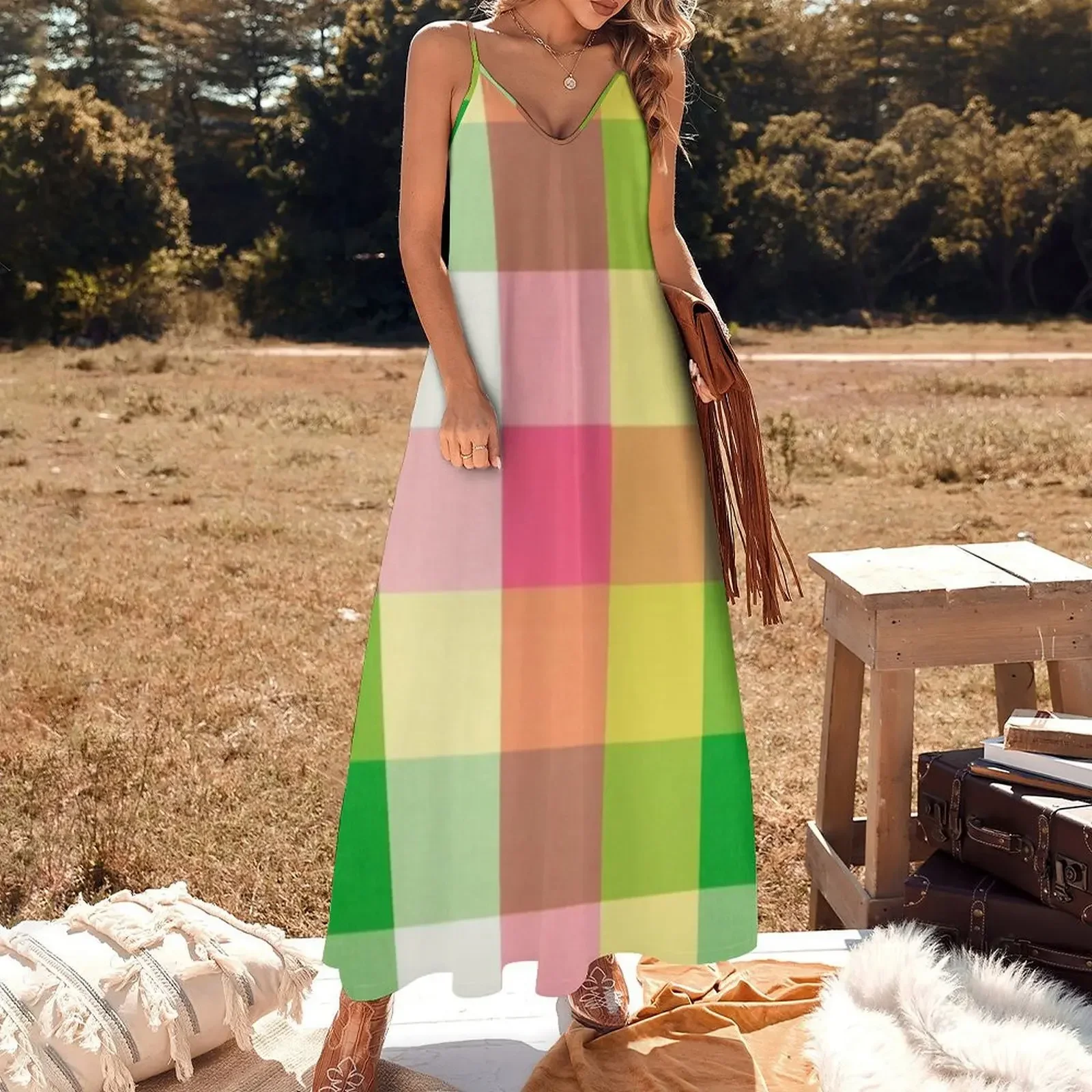 Pink and Green plaid pattern Sleeveless Dress prom dresses women formal occasion dresses summer dresses Dress