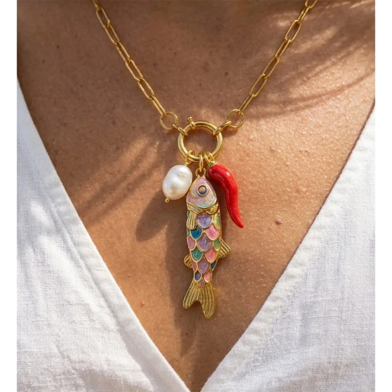 Titanium and Steel Enamel Koi Fish, Chilli and Pearl Pendant Necklace with Wheel Clasp
