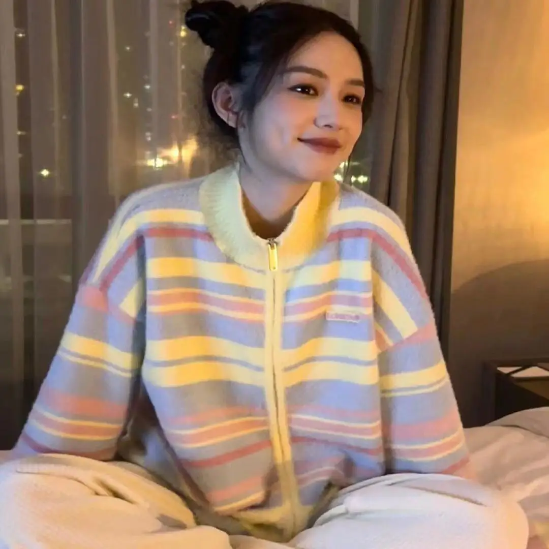 

Stars Sweet Stripes Loose Women's Zipper Design Sweater Trendy Outerwear Street Sle round Ne Regular Length