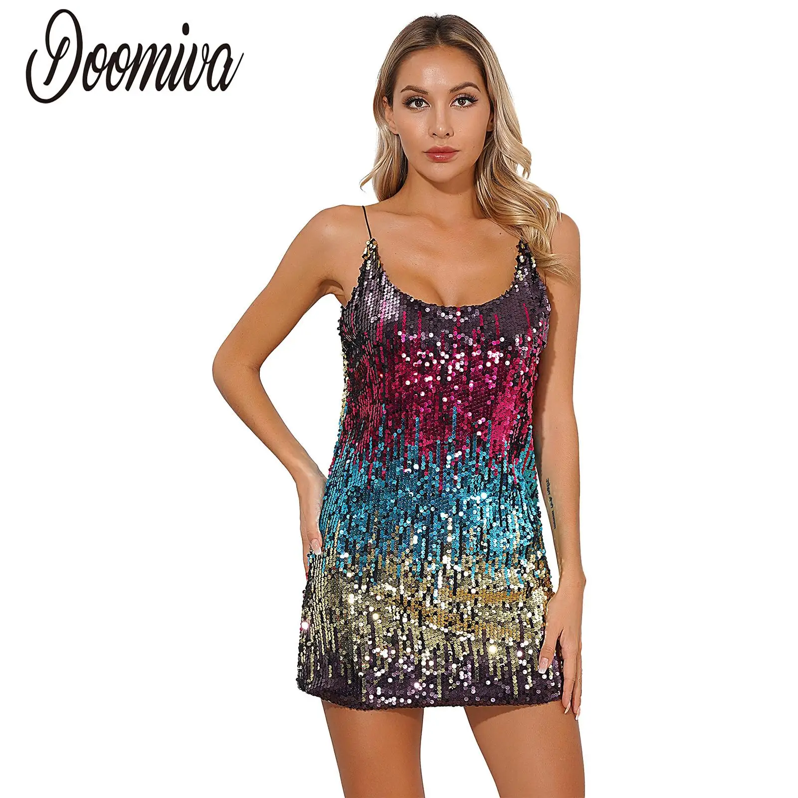 

Women's Shiny Sequined Party Dress Sleeveless Club Rave Dance Costume Sexy Spaghetti Straps Mini Dresses for Nightclub Cocktail